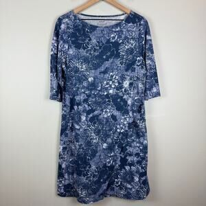 Pure J. Jill Faux Wrap Floral Dress Women M Petite Blue Cotton 3/4 Sleeve Casual